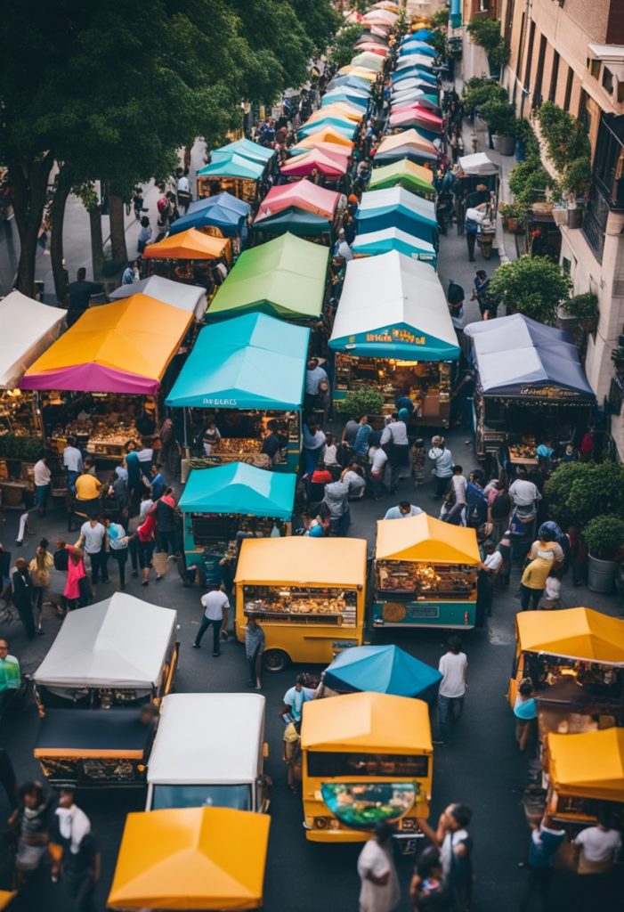 Colorful food trucks line the bustling street, offering a variety of local cuisine. A mix of aromas fills the air as patrons gather to enjoy the vibrant atmosphere