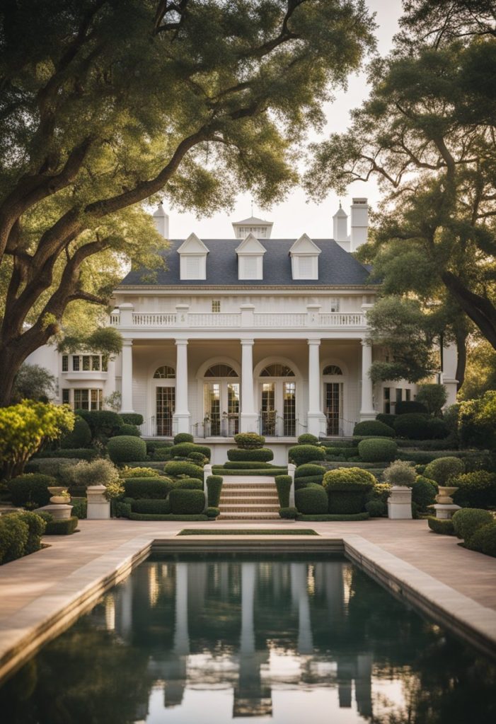 The grand Magnolia House luxury resort in Waco stands tall amidst lush gardens and a tranquil pond, with its elegant architecture and inviting ambiance