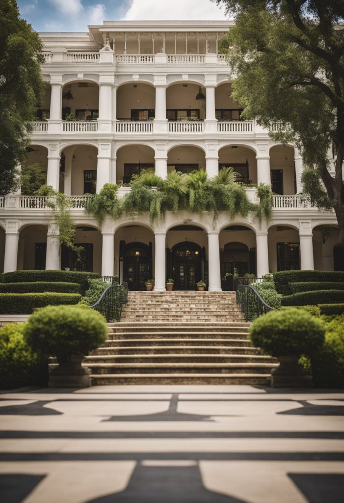 The Pivovar Hotel luxury resort in Waco features a grand entrance with a cascading waterfall and lush landscaping, surrounded by elegant architecture and a serene atmosphere