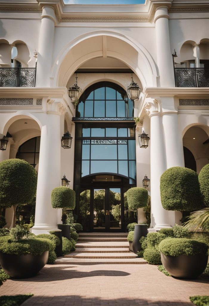 The grand entrance of Hotel Herringbone, with its ornate arches and lush landscaping, welcomes guests to the luxurious resort in Waco