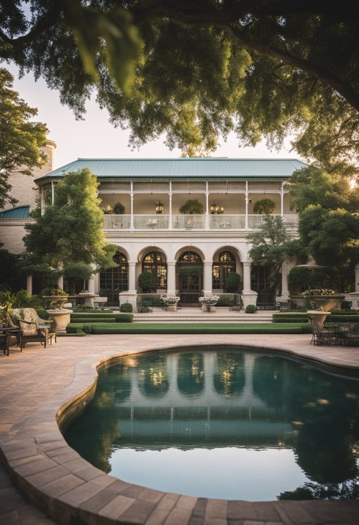 The Cotton Palace luxury resorts in Waco, Texas, with its grand Victorian architecture, lush gardens, and sparkling pool, exudes elegance and tranquility