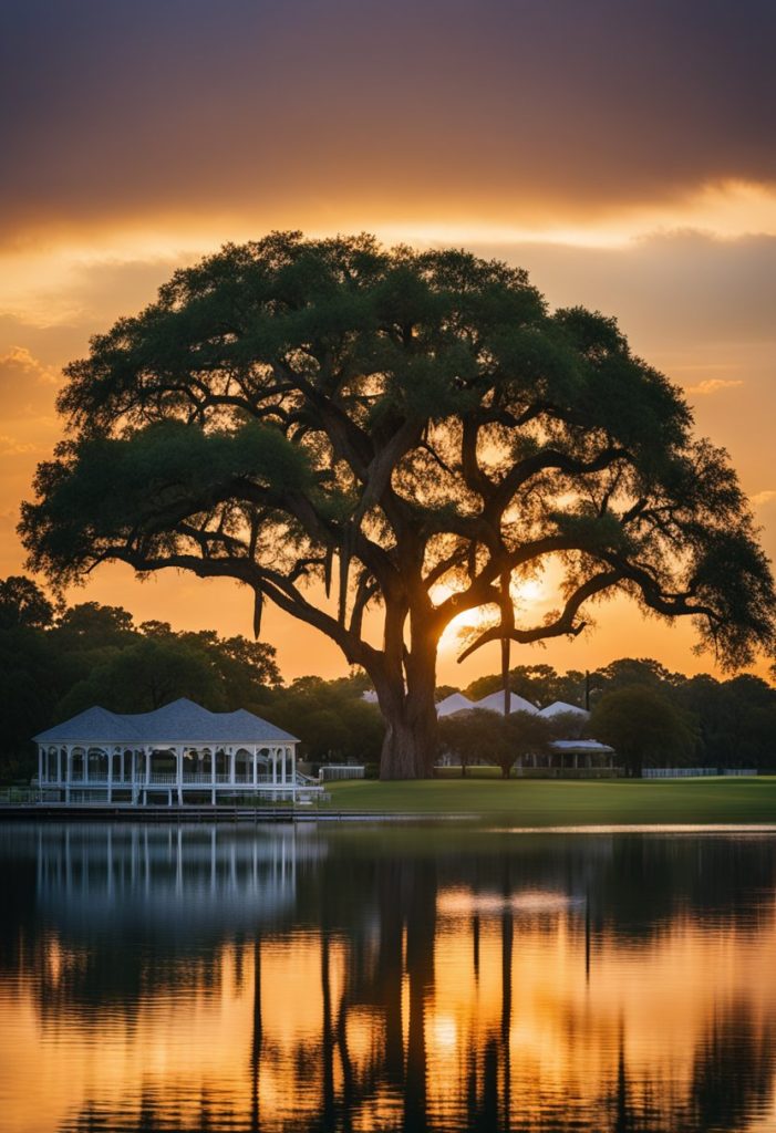 The sun sets behind the elegant Live Oak Lake luxury resorts in Waco, casting a warm glow over the tranquil waters and lush greenery