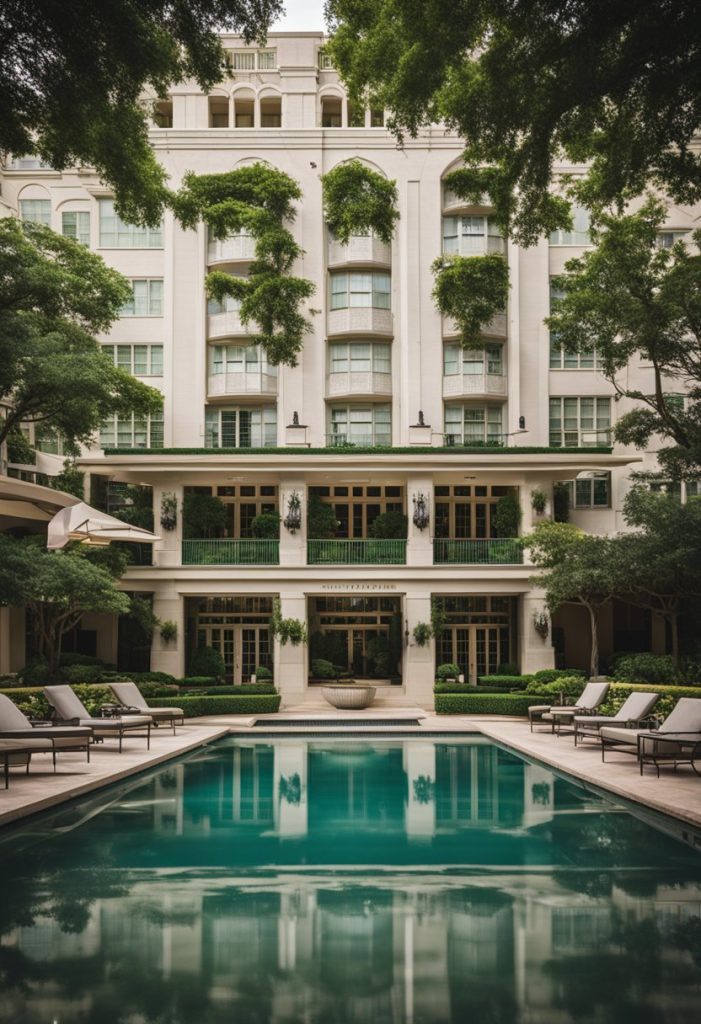 The grand Waco Hilton Hotel stands amidst lush greenery, with a sparkling pool and elegant architecture