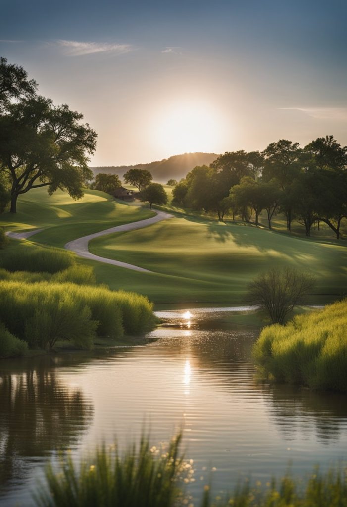 The Moon River Ranch luxury resort in Waco features a sprawling landscape with rolling hills, lush greenery, and a tranquil river flowing through the property