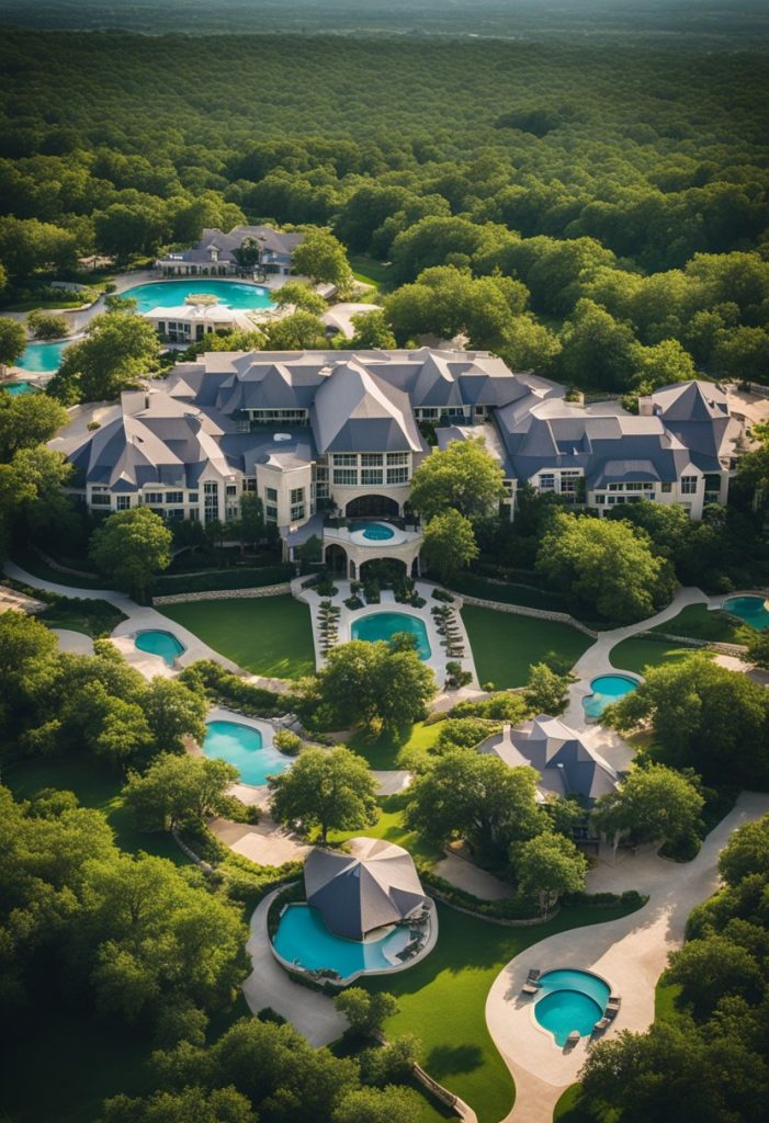 Aerial view of Waco's luxury resorts nestled among lush greenery and sparkling pools, with elegant architecture and serene surroundings
