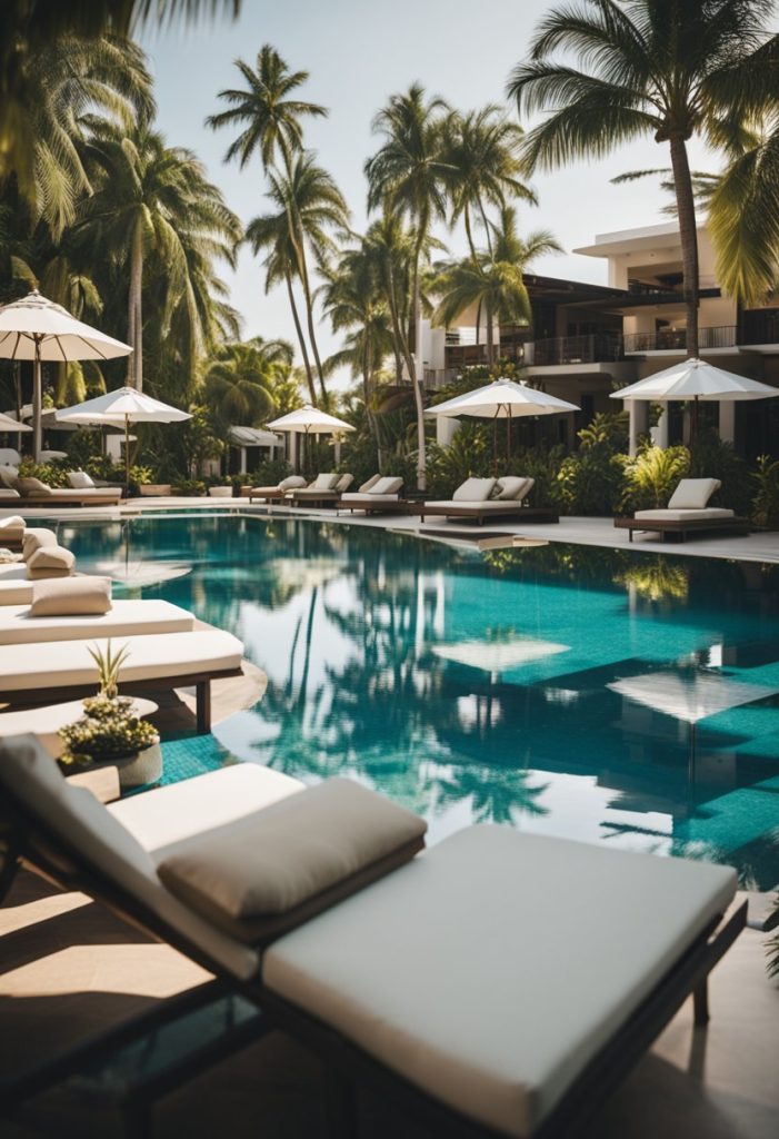 A luxurious resort nestled in a lush, tropical setting with a sparkling pool, palm trees, and elegant architecture. Sun loungers and umbrellas dot the poolside, creating a serene and inviting atmosphere