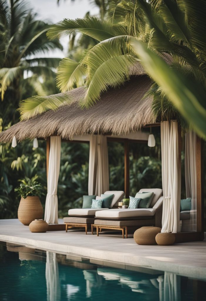 A luxurious poolside cabana with plush loungers, surrounded by lush tropical greenery and overlooking a crystal-clear infinity pool with a view of the tranquil lake