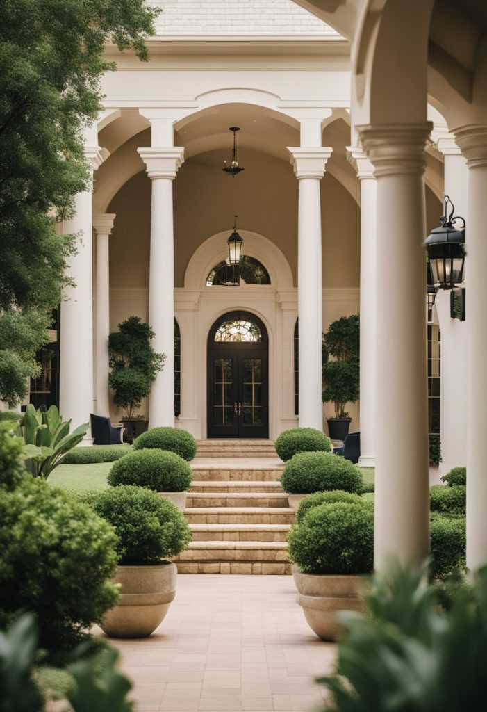 A luxurious resort in Waco, Texas, with a grand entrance, lush landscaping, and elegant architecture, surrounded by serene natural beauty