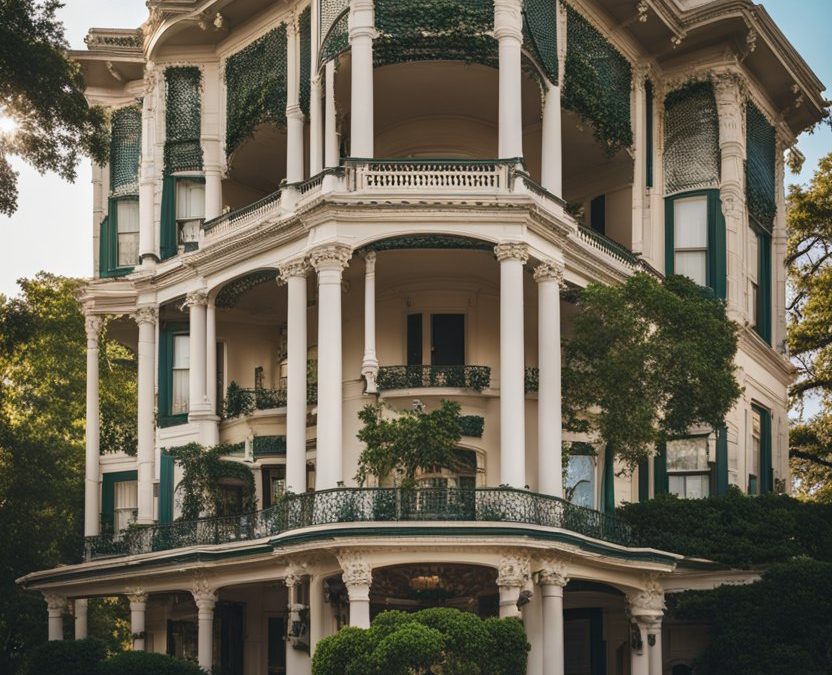Exterior view of Magnolia Mansion Hotel in Waco, Texas, showcasing its elegant architecture and lush surroundings.
