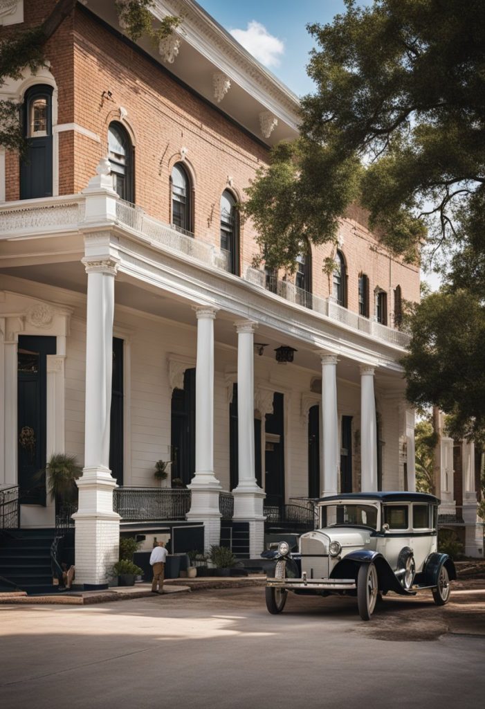 The historic Magnolia Mansion Hotel undergoes renovation, with workers restoring its grand facade and intricate details