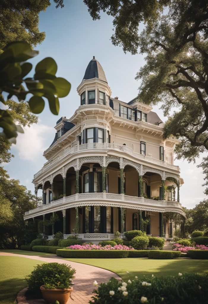 Hotel features a grand Victorian-style building with intricate architectural details and a lush garden with blooming flowers