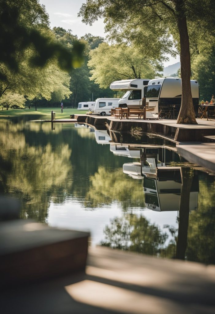 A serene lakeside oasis with RVs parked along the water's edge. Lush greenery, picnic tables, and a playground create a peaceful and inviting atmosphere