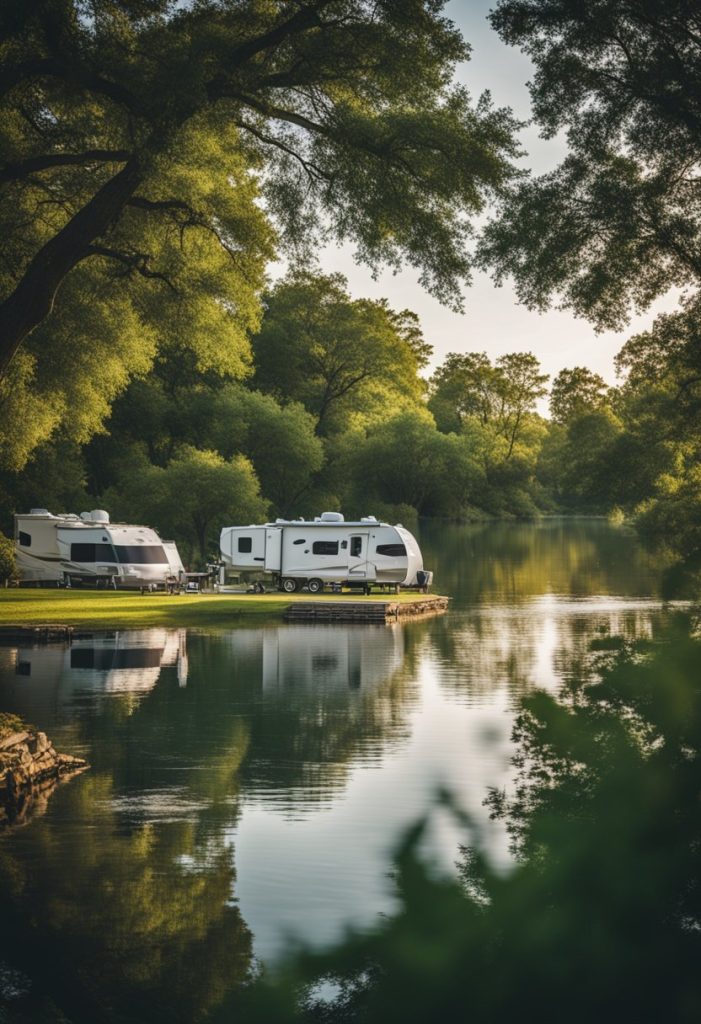 A serene lake surrounded by lush greenery with RVs parked nearby, people fishing, kayaking, and enjoying outdoor activities at Lakeside Oasis RV Park in Waco