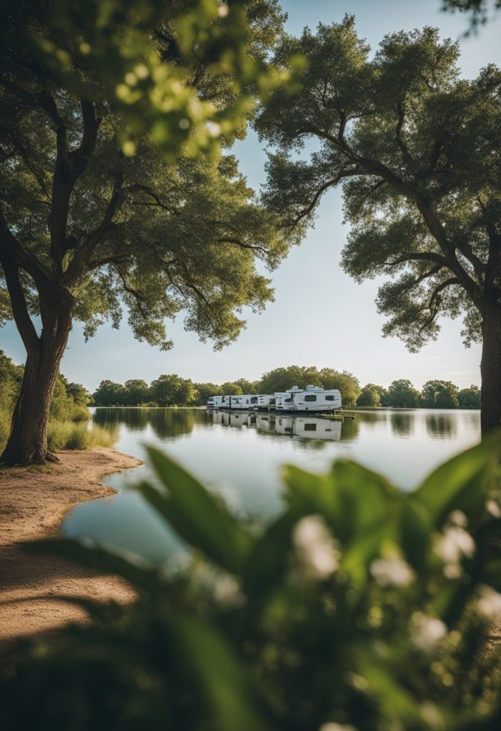 A serene lakeside RV park in Waco with lush greenery, calm waters, and RV sites nestled amongst the trees
