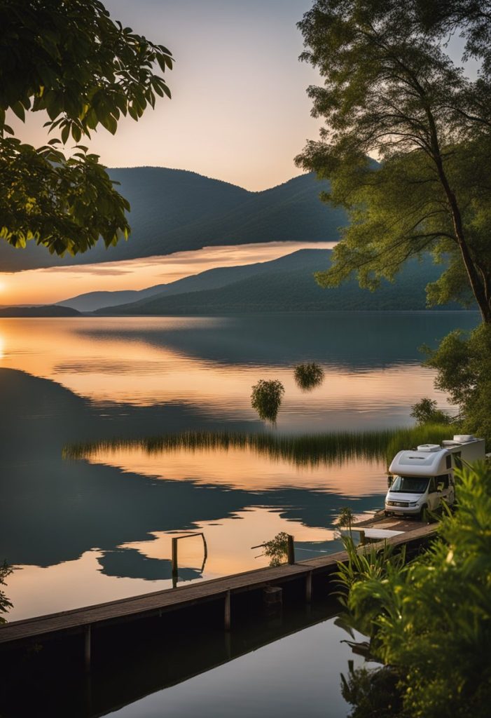 A serene lake surrounded by lush greenery, with RVs parked along the shore. The sun sets behind the distant hills, casting a warm glow over the tranquil scene
