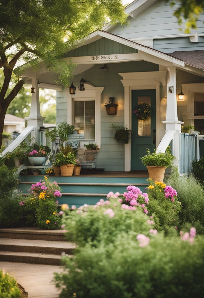 Family-Friendly Vacation Rentals in Waco: A charming exterior with a welcoming front porch surrounded by lush greenery and colorful flowers, creating a peaceful and inviting atmosphere for families