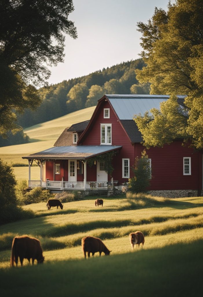 A charming farmhouse surrounded by rolling hills, with a red barn and grazing animals. A cozy porch with rocking chairs invites relaxation