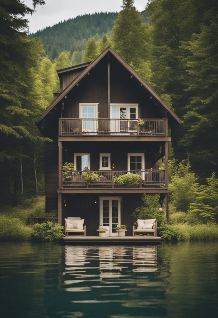 A cozy lakeside cabin with a welcoming porch, surrounded by lush trees and a serene lake, perfect for family vacations