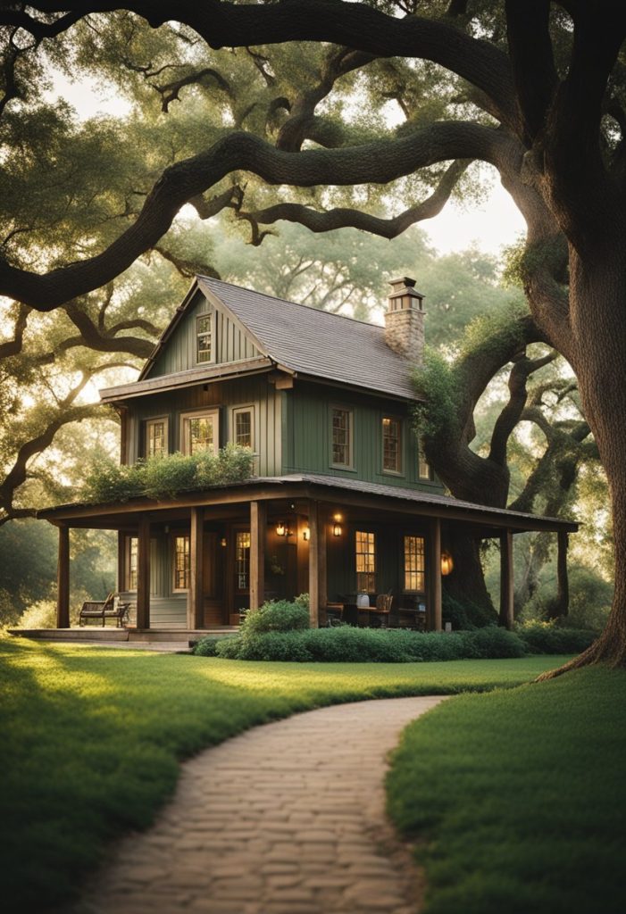 A cozy cabin nestled under a towering oak tree, surrounded by lush greenery and a tranquil oasis in Waco