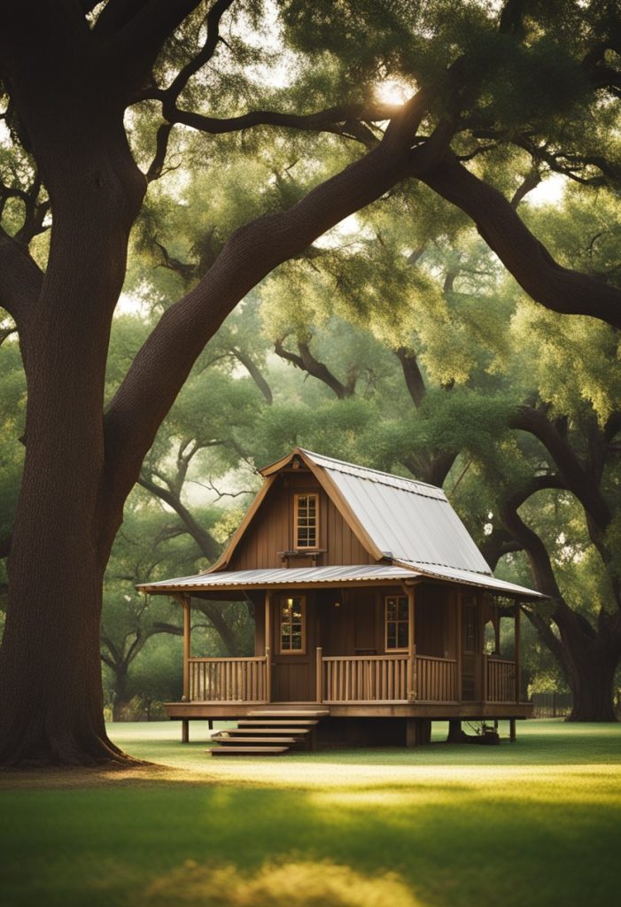 A cozy cabin nestled among towering pecan trees with a swing set and picnic area, surrounded by lush greenery and a serene atmosphere