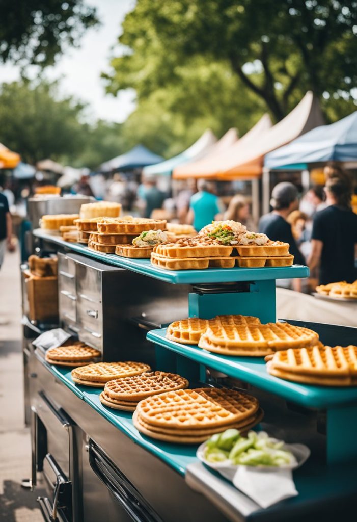 A bustling outdoor market with colorful food trucks serving up fresh waffles and local delicacies in the heart of Waco, Texas