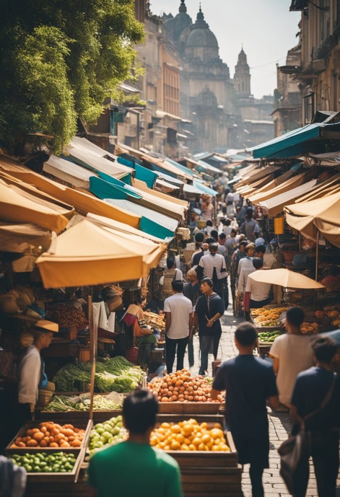 A bustling outdoor market with colorful food stalls and vibrant signage, surrounded by a mix of locals and tourists enjoying the lively atmosphere