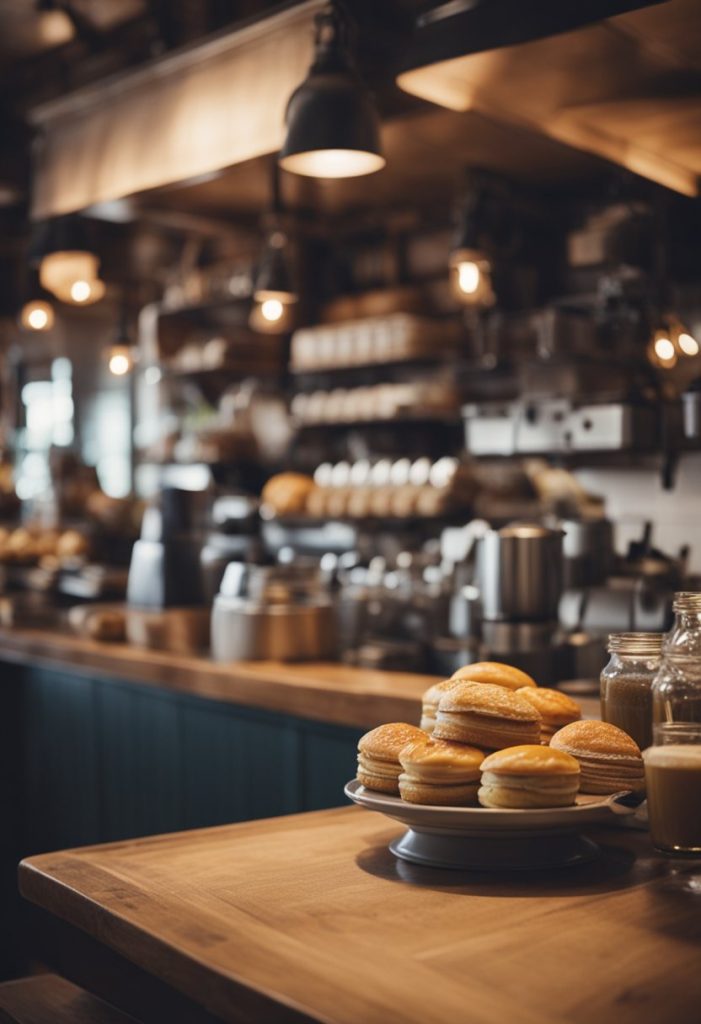 A bustling cafe with rustic charm, featuring farm-fresh ingredients and local produce. The cozy interior is adorned with vintage decor and filled with the aroma of freshly brewed coffee and homemade pastries