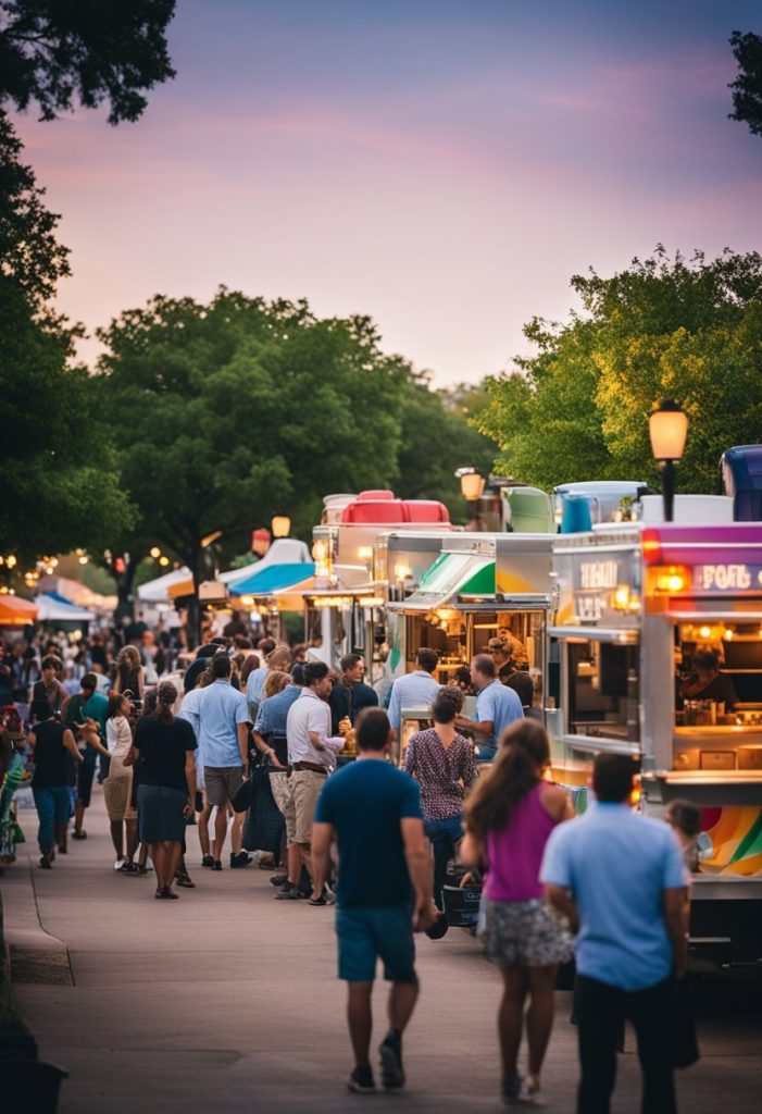 Busy street with colorful food trucks and bustling outdoor seating. A mix of aromas fills the air as people enjoy local cuisine in Waco