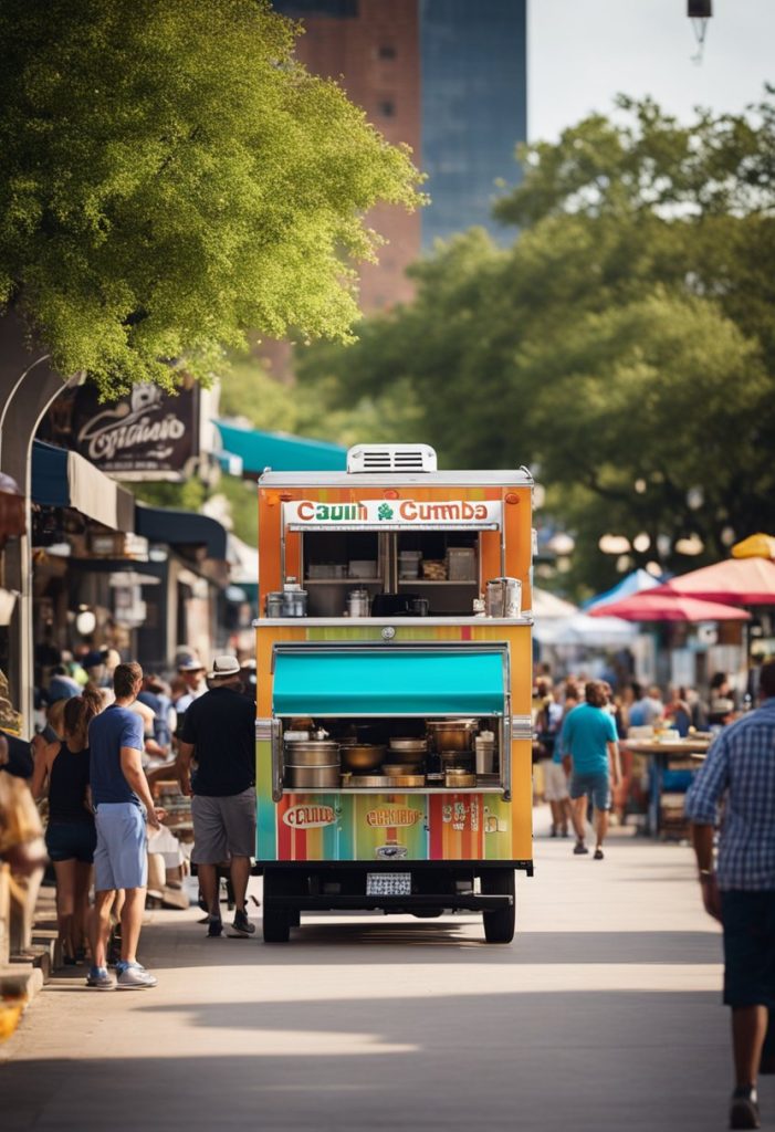 A bustling street lined with colorful food trucks serving up Cajun cuisine in Waco, Texas. The scent of spicy gumbo and sizzling jambalaya fills the air as locals and tourists alike gather to indulge in the flavorful dishes
