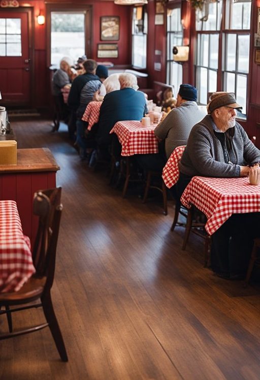 The cozy interior of Haliburton's Soul Food, with red checkered tablecloths and vintage decor, bustling with customers enjoying hearty southern dishes