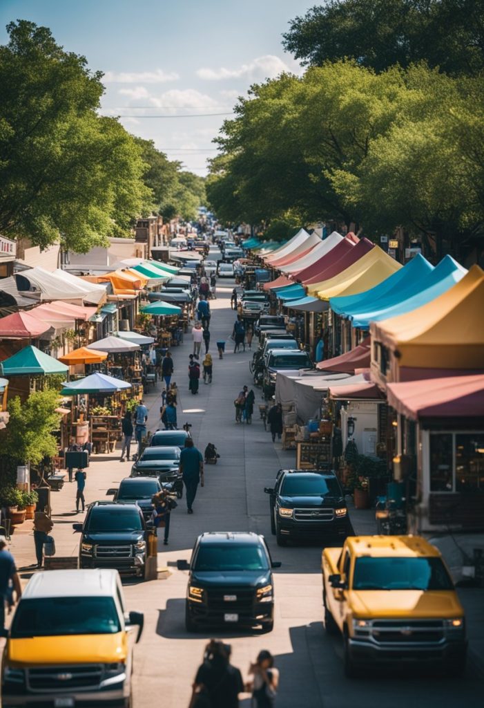 A bustling street in Waco, Texas, lined with colorful food trucks and cozy local restaurants, offering a variety of mouthwatering dishes and friendly service