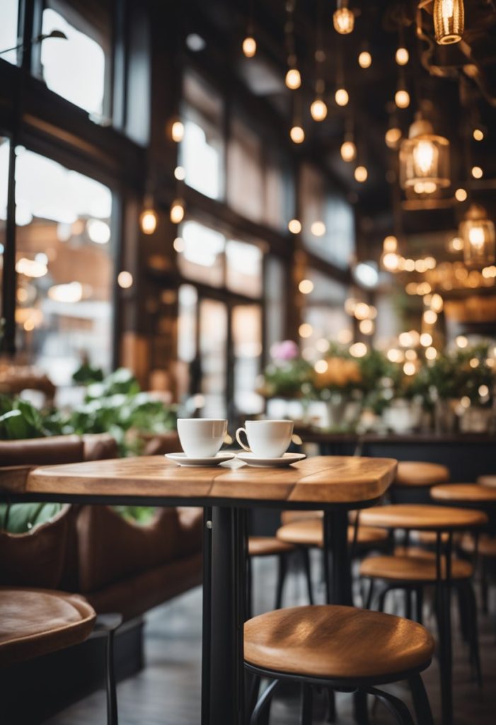 A cozy place with rustic decor, warm lighting, and a welcoming atmosphere. Tables are adorned with fresh flowers and the aroma of freshly brewed coffee fills the air