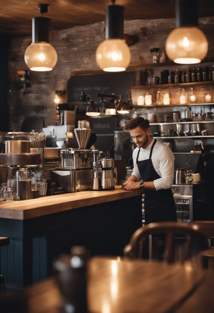 A cozy place with rustic decor, wooden tables, and warm lighting. A barista is brewing coffee behind the counter. Customers are enjoying their meals and chatting at the tables