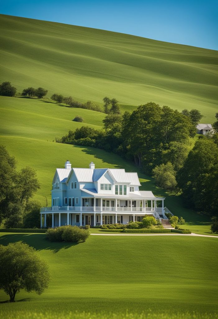 Modern farmhouse atop lush green hill, surrounded by rolling fields and clear blue sky, inviting guests to stay in Waco for the summer of 2024. Where to Stay in Waco This Summer 2024