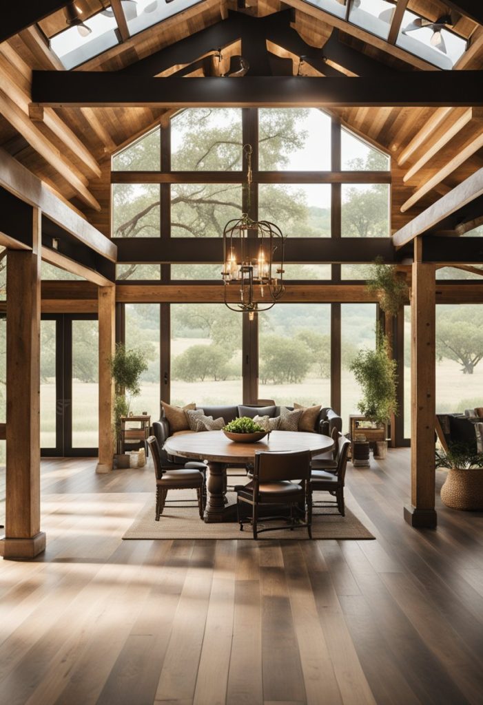 A rustic Ranch Barndo in Waco, with a spacious open floor plan, large windows, and a wrap-around porch, surrounded by rolling hills and lush greenery