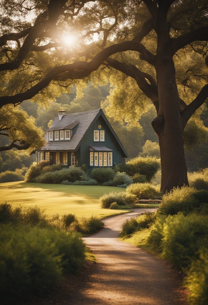 A quaint, sunlit cottage nestled among towering oak trees, with a winding path leading to a serene lake, and a backdrop of rolling hills in the distance