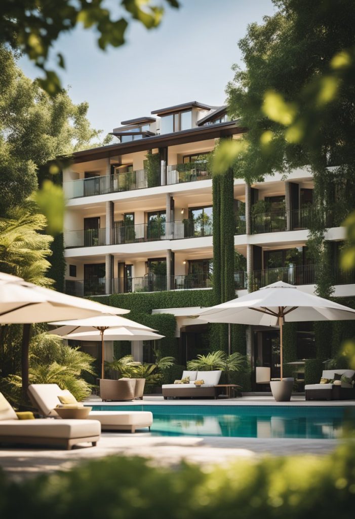 A cozy, modern hotel nestled among lush green trees, with a sparkling pool and outdoor seating area. The sun is shining, and guests are enjoying the warm summer day