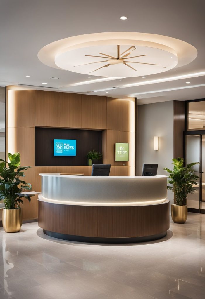 A bright, modern hotel lobby with sleek furniture and a welcoming front desk. The space is filled with natural light, and the logo for Home2 Suites by Hilton is prominently displayed