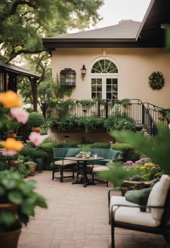A tranquil courtyard in Waco, with lush greenery and colorful flowers, surrounded by charming buildings and inviting seating areas