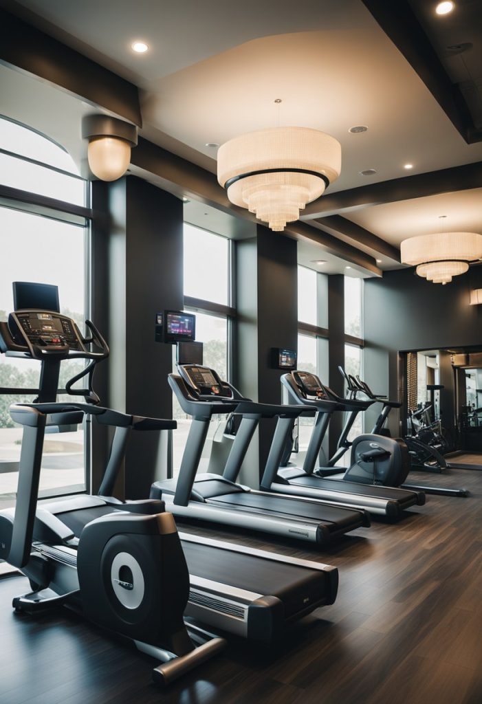 It's well-lit with rows of exercise machines like treadmills and weights, along with mirrors and a colorful mural.