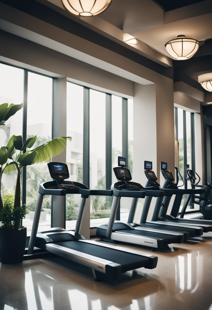 A hotel in Waco surrounded by various exercise equipment and bright lighting