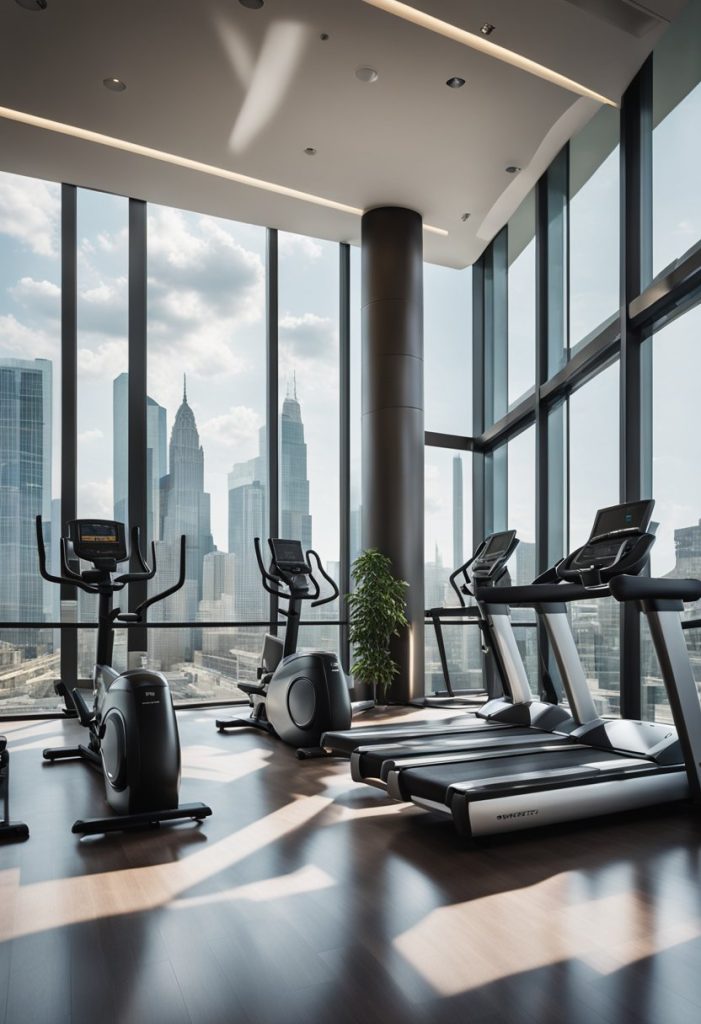 A modern hotel lobby with a sleek  featuring exercise equipment and large windows overlooking the cityscape
