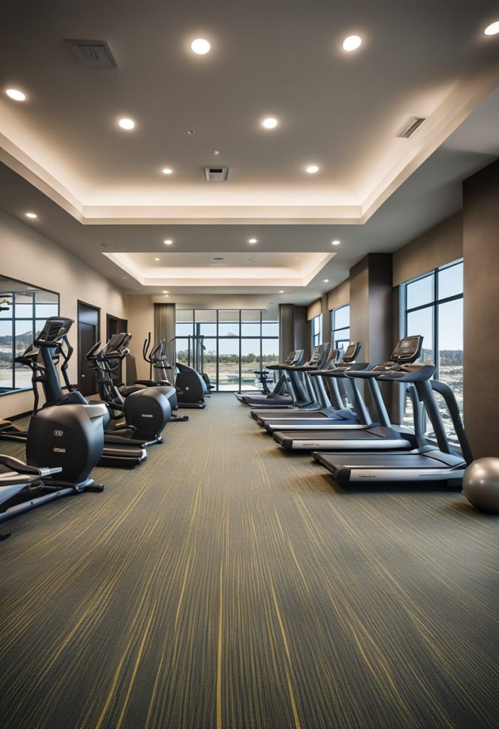 A modern hotel lobby with a sleek fitness center at Home2 Suites by Hilton Waco, featuring exercise equipment and a bright, welcoming atmosphere