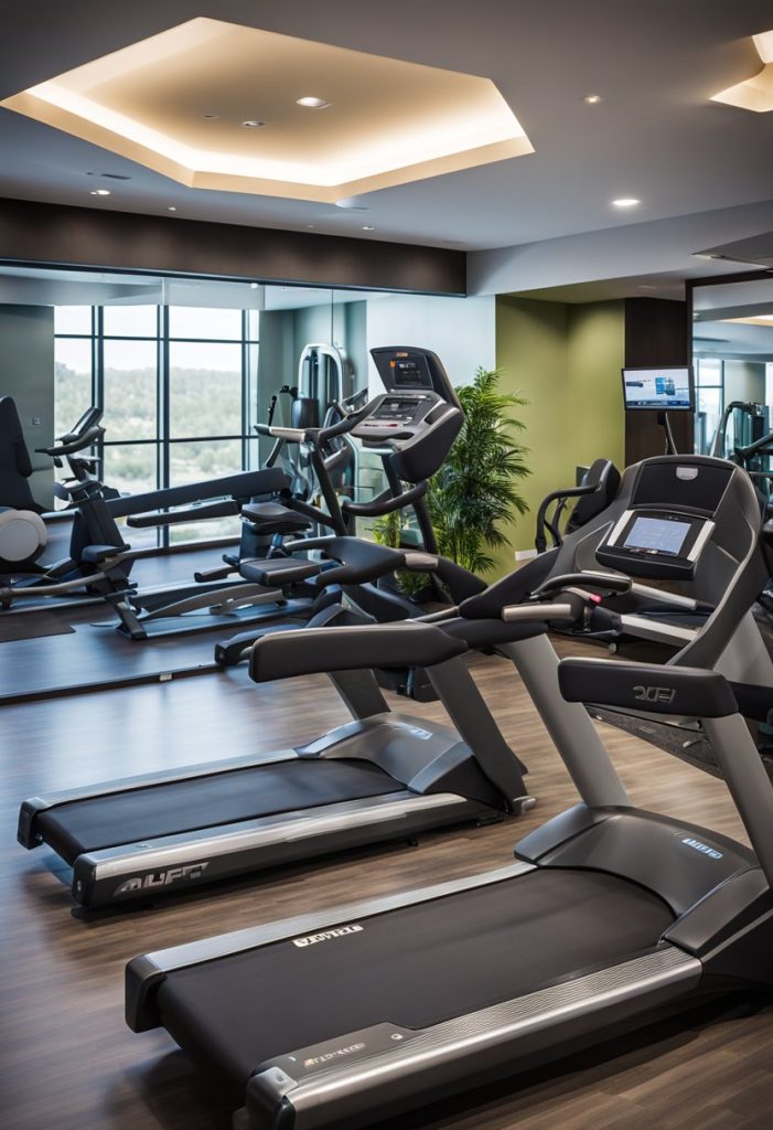 The scene showcases Aloft Waco hotel's modern fitness center with state-of-the-art equipment and sleek design