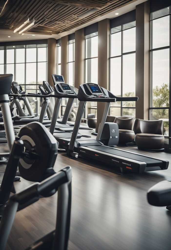 A spacious fitness center inside a Marriott Waco hotel, filled with modern equipment and large windows offering natural light