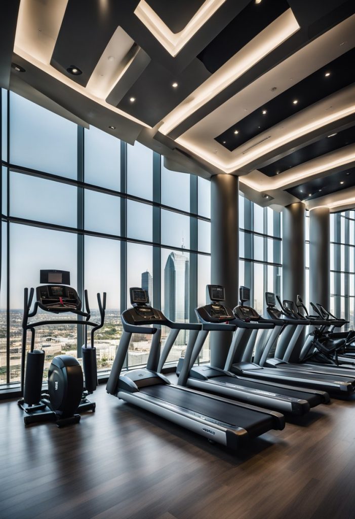 The Hilton Waco hotel features a modern fitness center with state-of-the-art equipment and large windows offering a view of the city skyline
