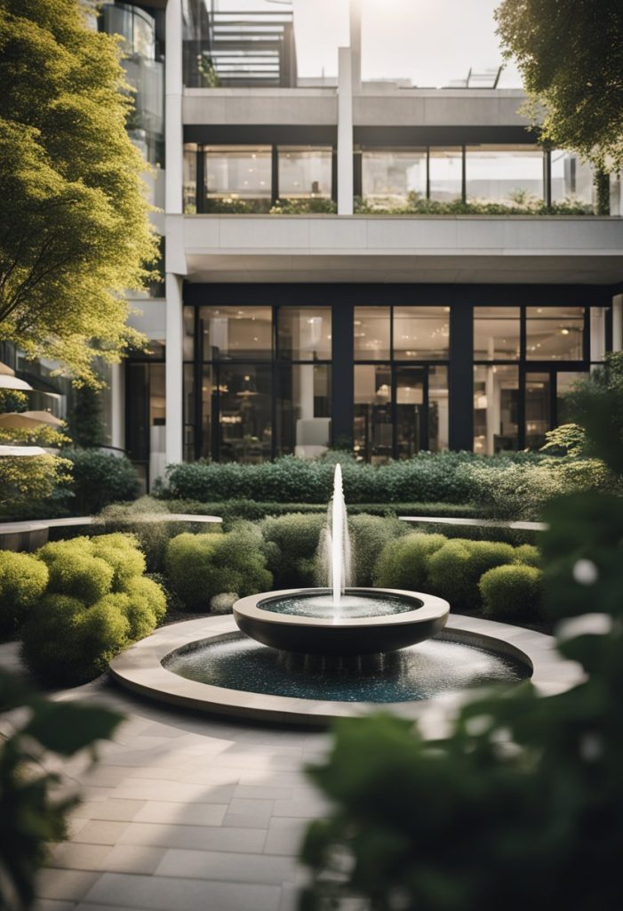 A bustling courtyard with modern architecture, outdoor seating, and lush landscaping. A central fountain adds a touch of tranquility to the vibrant space