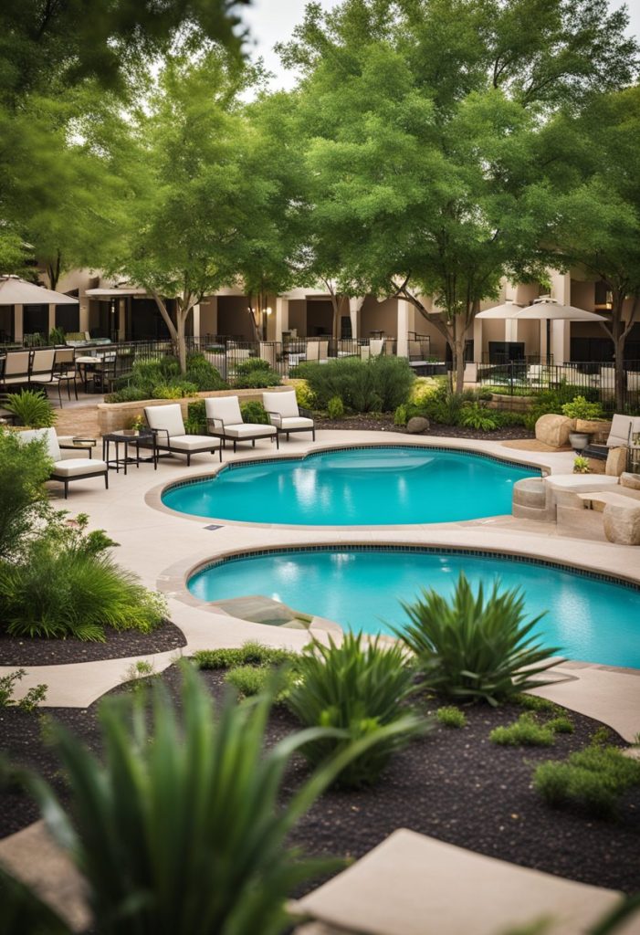 The Courtyard features a vibrant courtyard with lush greenery, a sparkling pool, and inviting seating areas for guests to relax and enjoy the surroundings