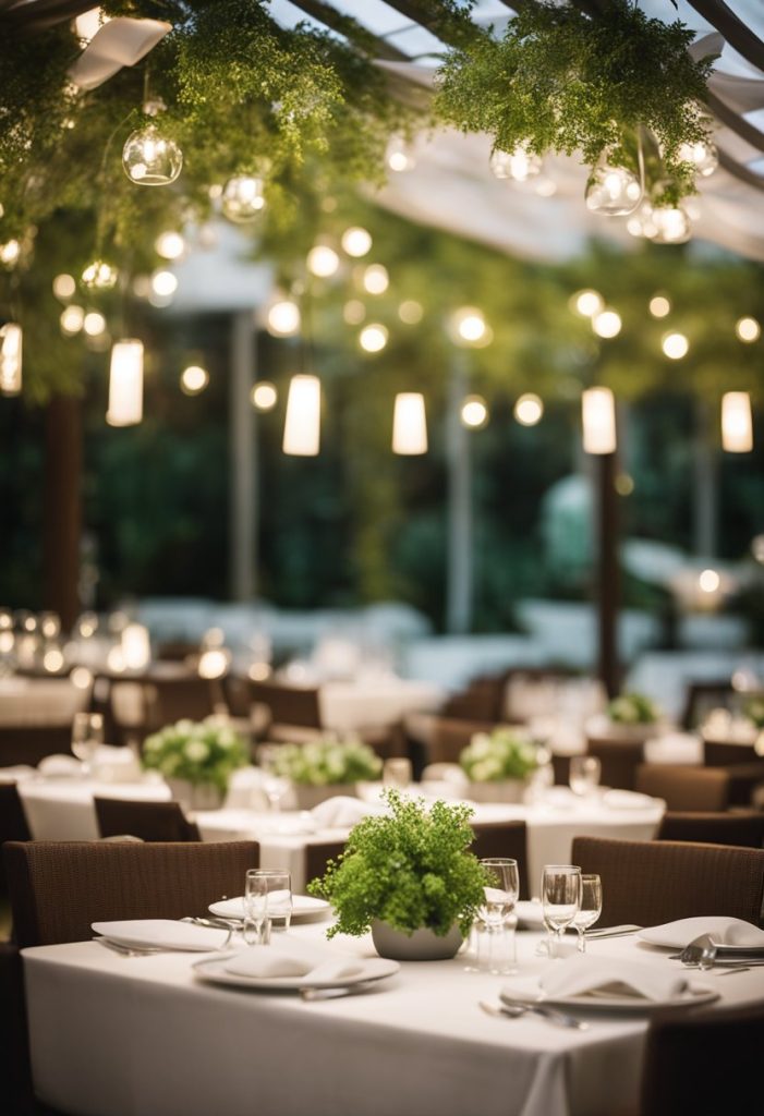 A table set with elegant dinnerware under a canopy in the Courtyard by Marriott Waco, with soft lighting and lush greenery creating a serene dining experience