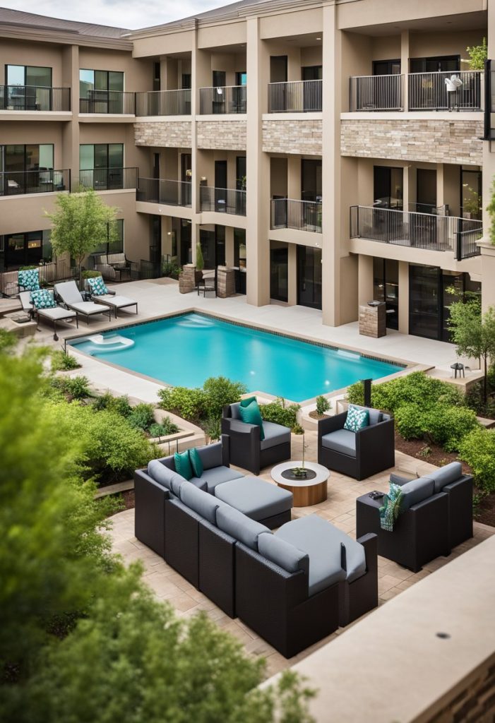 The Courtyard by Marriott Waco features a spacious courtyard with lush greenery, comfortable seating areas, and modern amenities such as a swimming pool and outdoor dining options